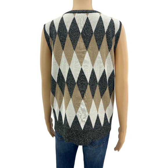 Cable & Gauge (XL) Womens Black metallic Cream Sleeveless Argyle Sweater Vest341 - Picture 4 of 6